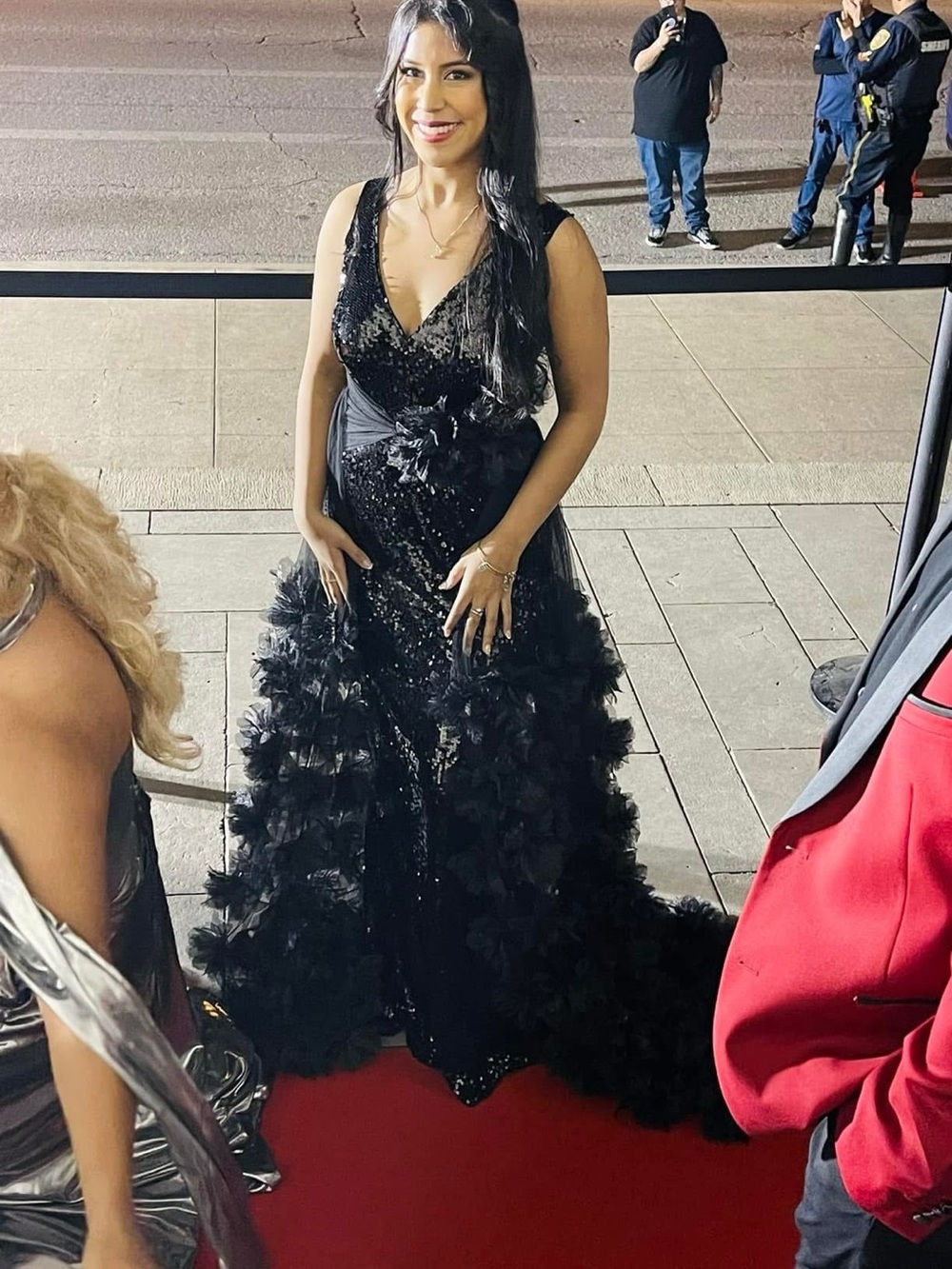 Elegant Black Sequin & Ruffle Evening Gown